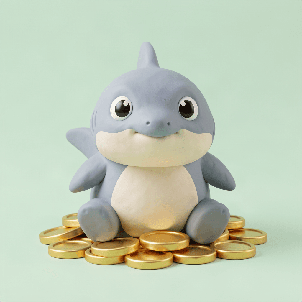 BabyShark mascot sitting on a pile of USDT coins